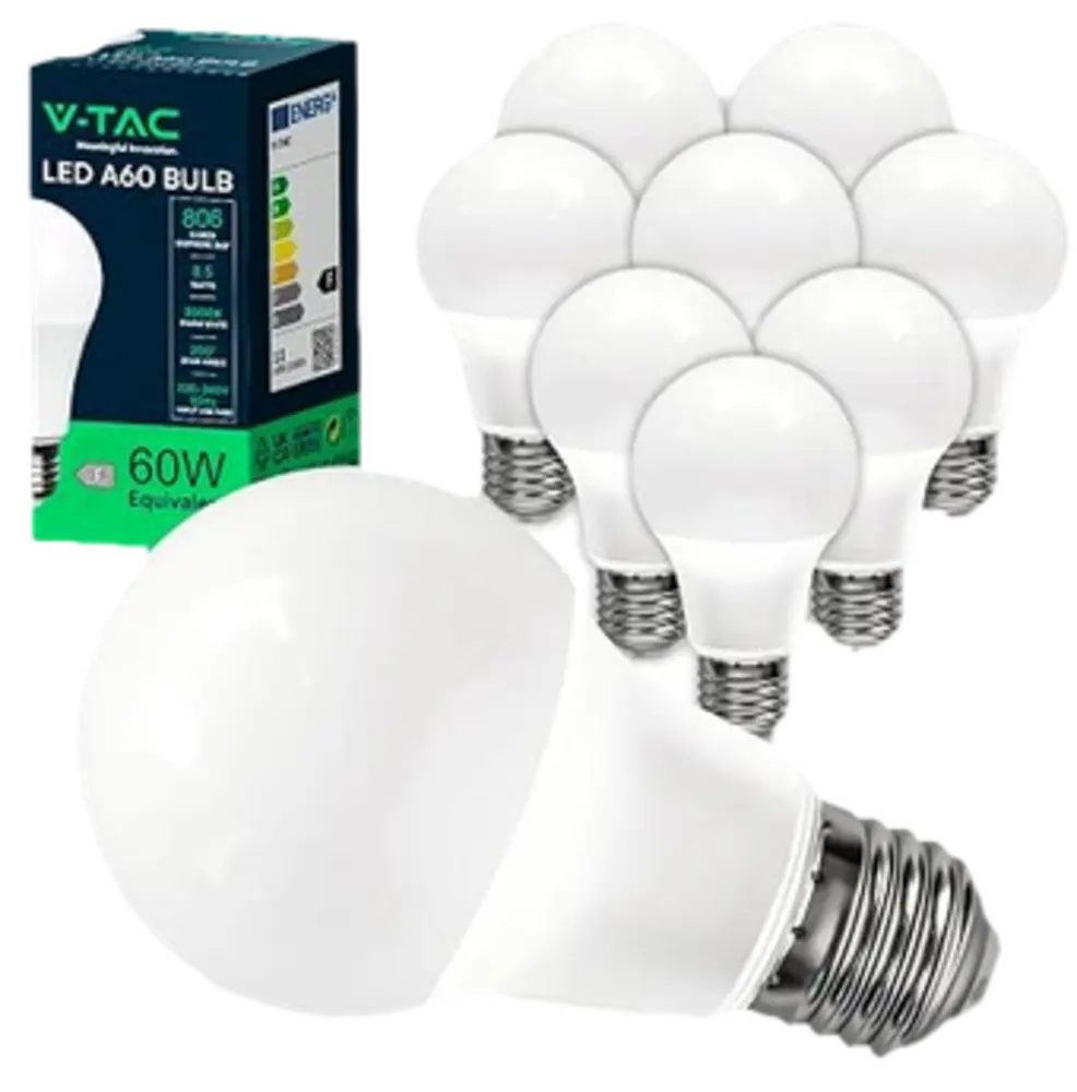 V-TAC 10x Bombillas LED E27, Edison - A60 – 8,5W (Equivalente a 60W) - 806 Lumen - Apertura del Haz de Luz 200° - Máxima